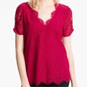 JOIE Brianda Persian Red Lace V-neck Short-Sleeve Top - Fringe - M